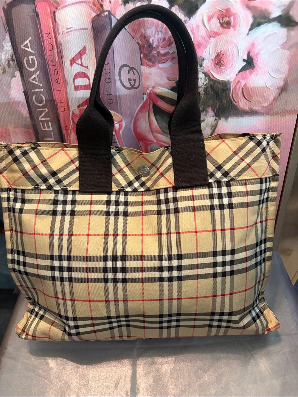 Burberry Beige Check Tote with Black Handles and Red Accents